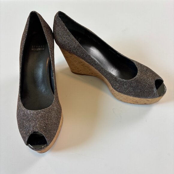 Stuart Weitzman Anna Corkswoon Glitter Wedge Heel Peep Toe Pumps Size 9 - Picture 1 of 9